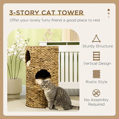 Elevated Cat Bed, with Three Hideaways & Four Soft Plush Cushions, Hand-Woven Materials