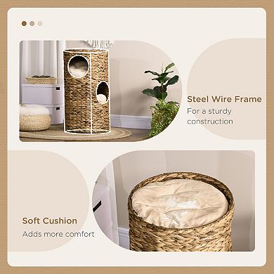 Elevated Cat Bed, with Three Hideaways & Four Soft Plush Cushions, Hand-Woven Materials