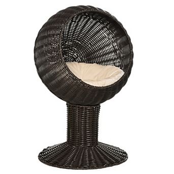 27" Rattan Wicker Elevated Cat Bed, with Cushion, Rotatable Egg Chair Pod,Natural Mat Grass Woven