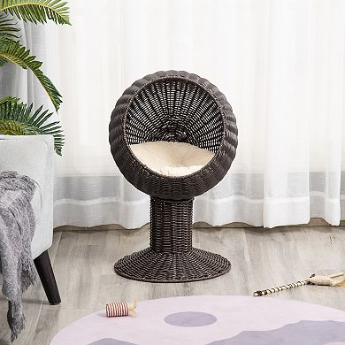 27" Rattan Wicker Elevated Cat Bed, with Cushion, Rotatable Egg Chair Pod,Natural Mat Grass Woven