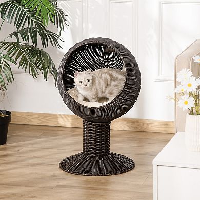 27" Rattan Wicker Elevated Cat Bed, with Cushion, Rotatable Egg Chair Pod,Natural Mat Grass Woven