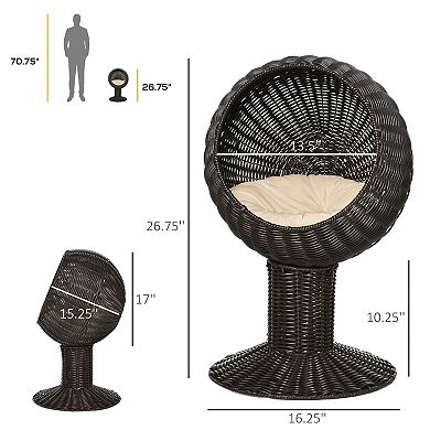 27" Rattan Wicker Elevated Cat Bed, with Cushion, Rotatable Egg Chair Pod,Natural Mat Grass Woven
