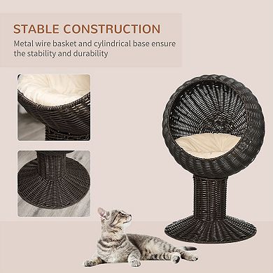 27" Rattan Wicker Elevated Cat Bed, with Cushion, Rotatable Egg Chair Pod,Natural Mat Grass Woven