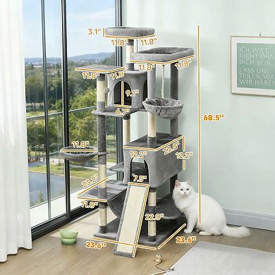 69 Inch Level Cat Tower, with Hammock, Scratching Post, Condo, Cat Activity Center