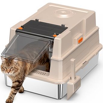 Extra Large Enclosed Stainless Steel Cat Litter Box with Lid, Metal Enclosed High Sides