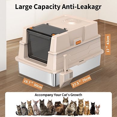 Extra Large Enclosed Stainless Steel Cat Litter Box with Lid, Metal Enclosed High Sides