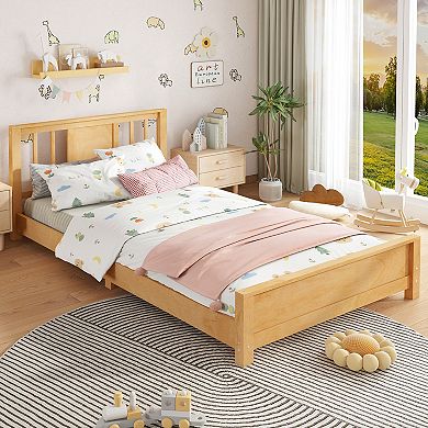 Twin Size Platform Bed Frame with Headboard, Floor Bed with Support Slats, Easy Assembly