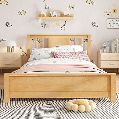 Twin Size Platform Bed Frame with Headboard, Floor Bed with Support Slats, Easy Assembly