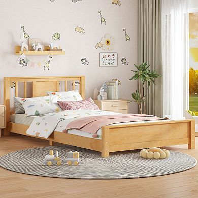 Twin Size Platform Bed Frame with Headboard, Floor Bed with Support Slats, Easy Assembly