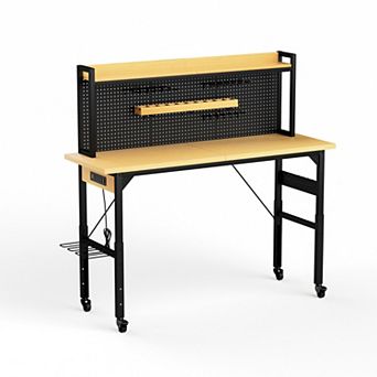 71" Adjustable Workbench with with AC/USB Outlet, 2000 LBS Load Capacity, Wheels and Pegboard