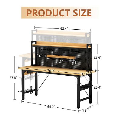 71" Adjustable Workbench with with AC/USB Outlet, 2000 LBS Load Capacity, Wheels and Pegboard