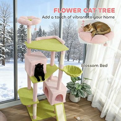 72 Inch Level Cat Tower, 7 Scratching Posts, 2 Condos, Tall Cat Tree, Steel Frame Hammoc