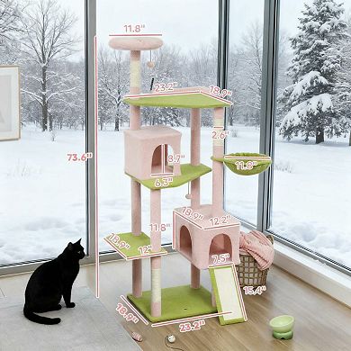 72 Inch Level Cat Tower, 7 Scratching Posts, 2 Condos, Tall Cat Tree, Steel Frame Hammoc