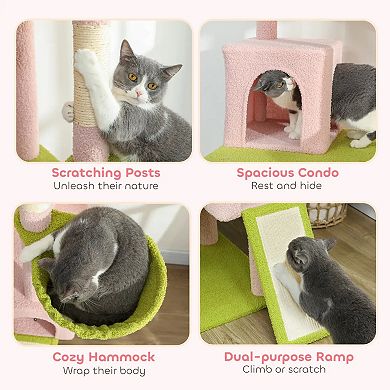 72 Inch Level Cat Tower, 7 Scratching Posts, 2 Condos, Tall Cat Tree, Steel Frame Hammoc