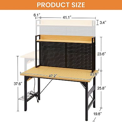 48" Adjustable Workbench with with AC/USB Outlet, 1600 LBS Load Capacity, Wheels and Pegboard