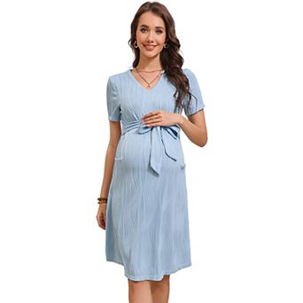 Maternity V-Neck Dress Short Sleeve Textured Midi Pregnancy Dress with Belt