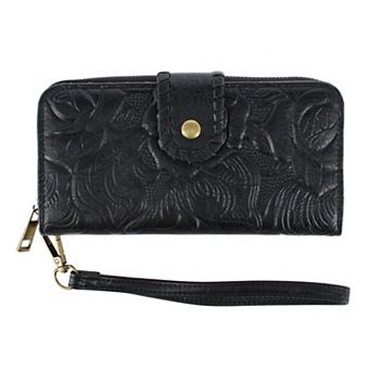 CTM Women's Floral Embossed Premium Faux Leather Snap Closure Wristlet Wallet