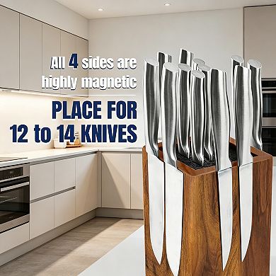 360° Rotating Acacia Wood Magnetic Knife Block - Extra Large Capacity Kitchen Utensil Holder