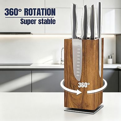 360° Rotating Acacia Wood Magnetic Knife Block - Extra Large Capacity Kitchen Utensil Holder