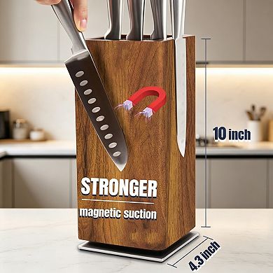 360° Rotating Acacia Wood Magnetic Knife Block - Extra Large Capacity Kitchen Utensil Holder