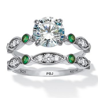 2.52 TCW White and Green Cubic Zirconia Platinum-plated Silver Bridal Ring Set