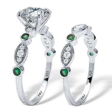 2.52 TCW White and Green Cubic Zirconia Platinum-plated Silver Bridal Ring Set