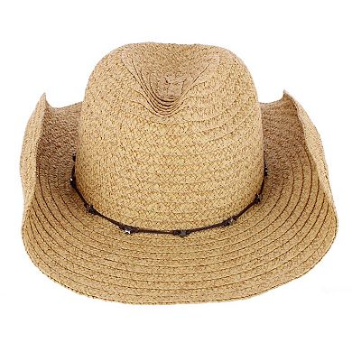 CTM Women's Straw Cowboy Hat with Star Hatband and Shapeable Brim