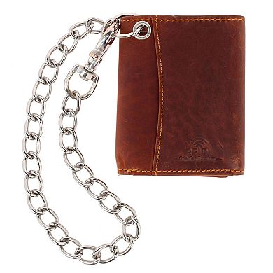 CTM Men's RFID Trifold Leather Biker Wallet with Silver Chain