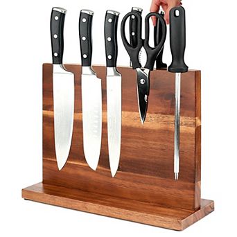Countertop Magnetic Knife Holder with Strong Magnets - Double Sided Acacia Wood Knife Storage Stand