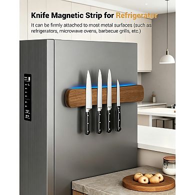 16" Acacia Wood Magnetic Knife Strip，Wall Mounted Knife Rack, Space-Saving Kitchen Organizer