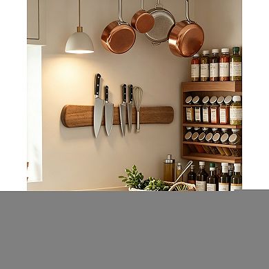 16" Acacia Wood Magnetic Knife Strip，Wall Mounted Knife Rack, Space-Saving Kitchen Organizer