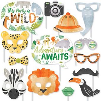 Safari Animals Photo Booth Props Kit, Jungle Birthday or Baby Shower - 20 Count Selfie Prop Sticks