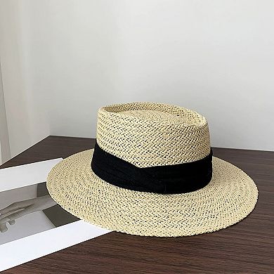 Womens Straw Boater Hat Flat Top Wide Brim Summer Beach Sun Hat Lightweight
