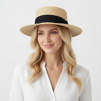 Womens Straw Boater Hat Flat Top Wide Brim Summer Beach Sun Hat Lightweight