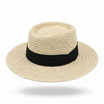 Womens Straw Boater Hat Flat Top Wide Brim Summer Beach Sun Hat Lightweight