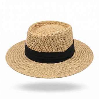 Womens Straw Boater Hat Flat Top Wide Brim Summer Beach Sun Hat Lightweight