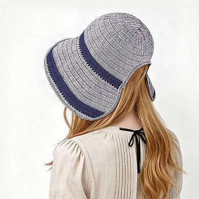 Womens Striped Bucket Sun Hat Wide Brim Adjustable Chin Strap Packable Beach Hat