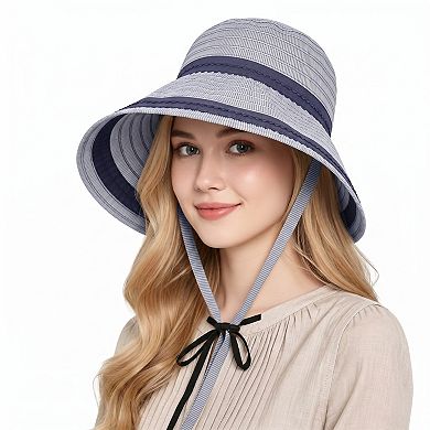 Womens Striped Bucket Sun Hat Wide Brim Adjustable Chin Strap Packable Beach Hat