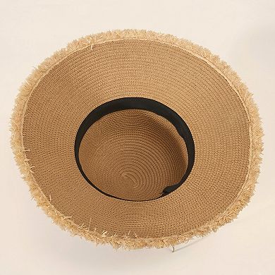 Womens Straw Sun Hat Wide Brim Beaded Trim Summer Beach Vacation Hat Lightweight