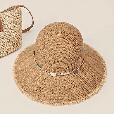 Womens Straw Sun Hat Wide Brim Beaded Trim Summer Beach Vacation Hat Lightweight