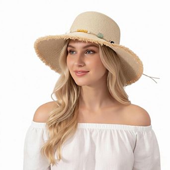Womens Straw Sun Hat Wide Brim Beaded Trim Summer Beach Vacation Hat Lightweight