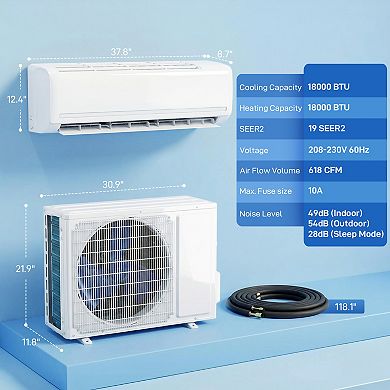 HOMCOM 18000 BTU Mini Split Air Conditioner, 19 SEER2 230V Ductless AC Unit