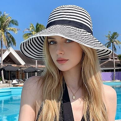 Womens Striped Sun Hat Wide Brim Summer Beach Hat Bow Tie Lightweight Packable