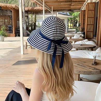 Womens Striped Sun Hat Wide Brim Summer Beach Hat Bow Tie Lightweight Packable