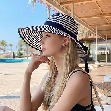 Womens Striped Sun Hat Wide Brim Summer Beach Hat Bow Tie Lightweight Packable