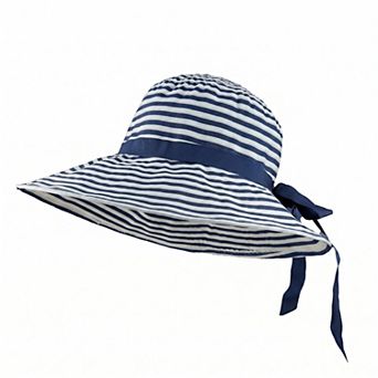 Womens Striped Sun Hat Wide Brim Summer Beach Hat Bow Tie Lightweight Packable