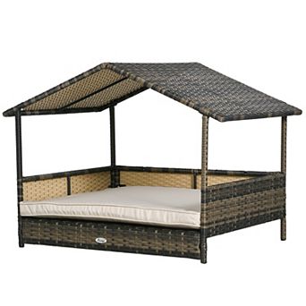 PawHut Wicker Dog House with Removable Cushion Lounge