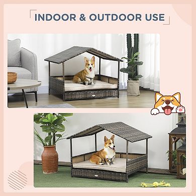 PawHut Wicker Dog House with Removable Cushion Lounge