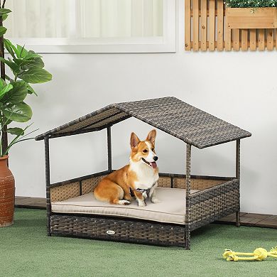 PawHut Wicker Dog House with Removable Cushion Lounge