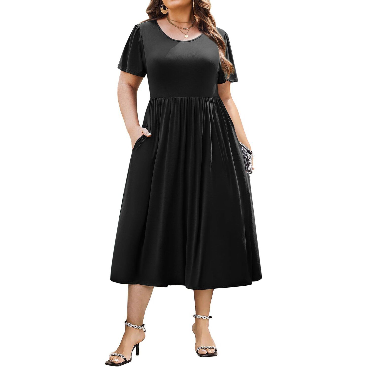 Женское платье Zeagoo Plus Size Summer A-Line Midi Dress Casual Flowy Beach Sundress with Pockets, цвет: Чёрный
